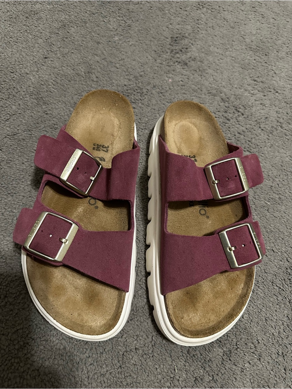 Birkenstock Papillio Arizona chunky platform sandals in berry crush suede